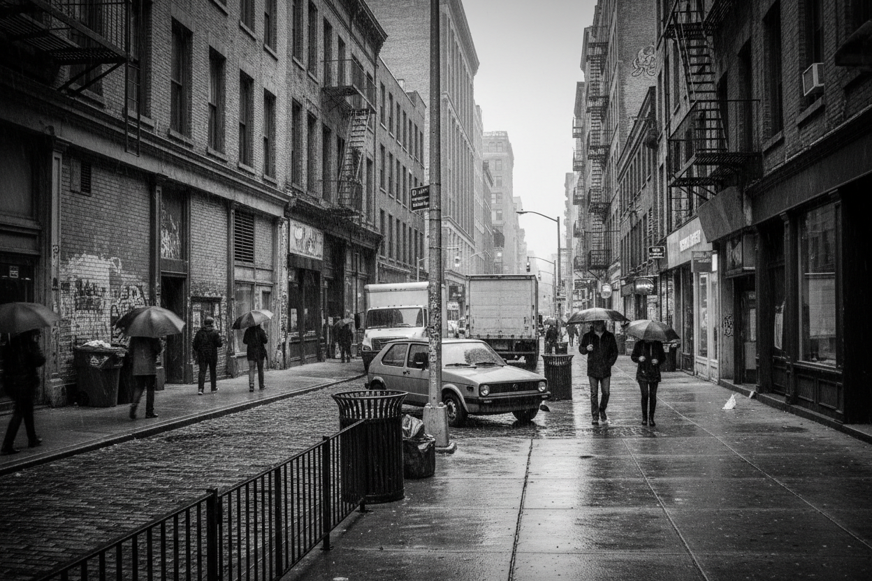 a volkswagen mk1 golf in a city black and white but not super focused on the car